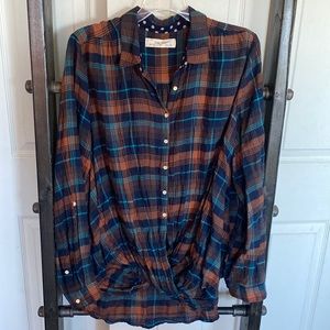 Anthropologie Draped Plaid Button down, color dark orange with blues, size Xl